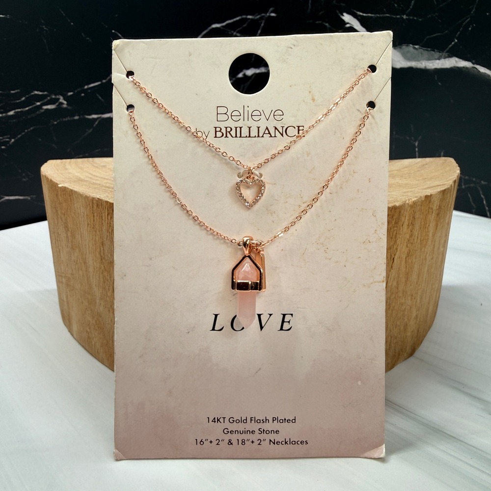 Believe by Brilliance 14KT Gold Plated Rose Quartz Heart Layered Necklace Set
